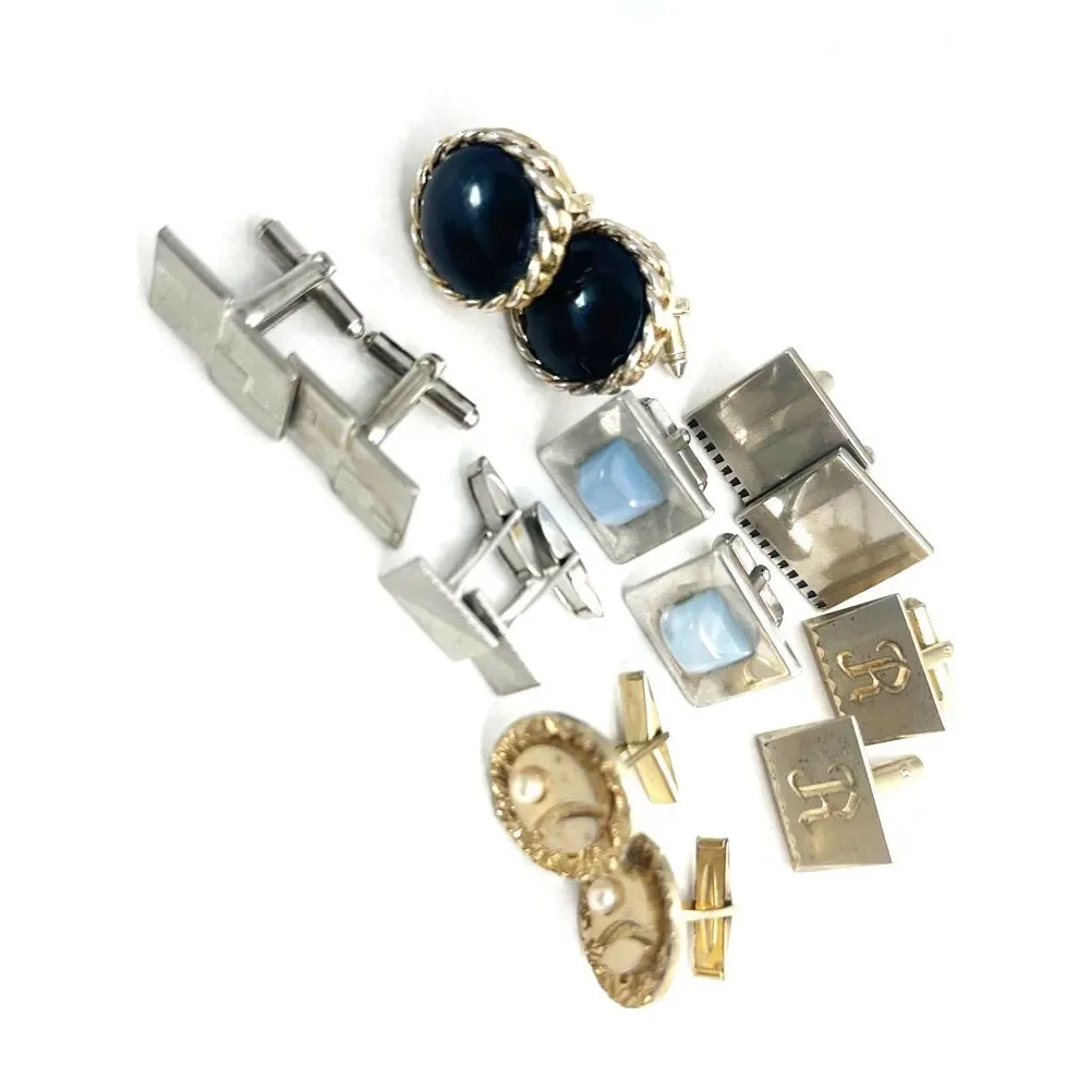 7 pair of vintage cufflinks silver and gold tone Black cabochon faux pearl